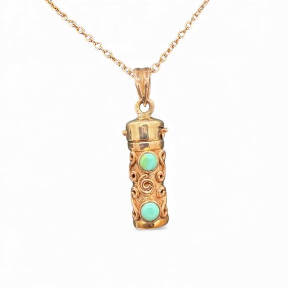 Natural Turquoise Copper Prayer Box Pendant Necklace 20 inch Chain Handmade - Picture 2 of 8